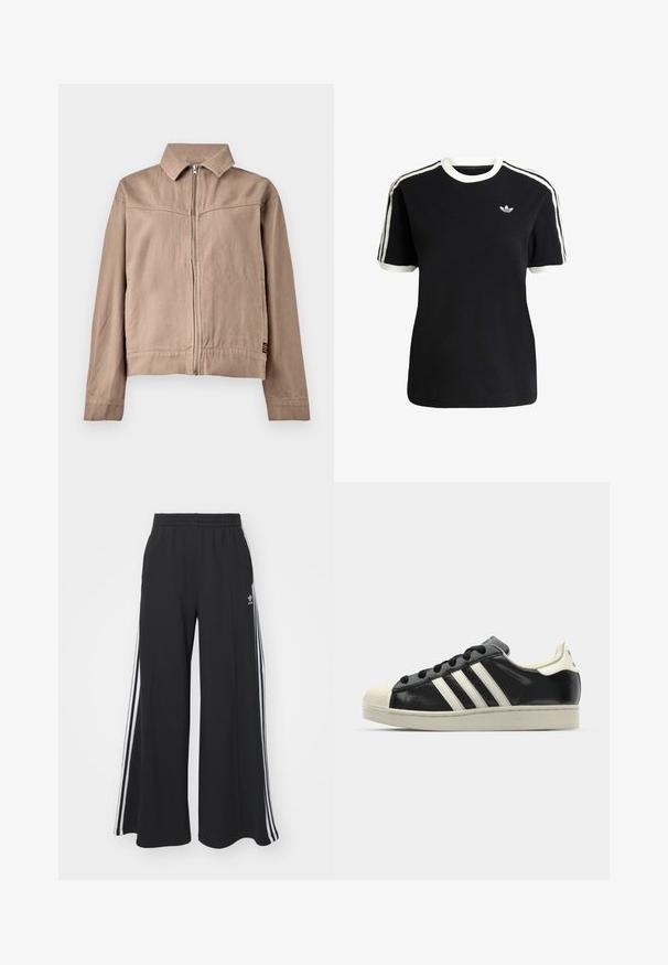 Beige Baumwolljacke mit Kragen, Frontreißverschluss und langen Ärmeln. Verfügt über einen strukturierten Stoff und ein kleines Logotag am Saum.; Schwarzes Baumwoll-T-Shirt mit weißen Akzenten am Kragen und an den Ärmeln, ausgestattet mit drei weißen Streifen auf jeder Schulter und einem kleinen Logo auf der Brust.; Schwarze weite Sweatpants mit elastischem Bund, versehen mit weißen Seitestreifen und einem gestickten Logo auf dem linken Oberschenkel.; Schwarze Ledersneaker mit weißen Streifen, Gummikappe, schwarzen Schnürsenkeln und einer cremefarbenen Sohle. Glatte Textur mit glänzender Oberfläche.