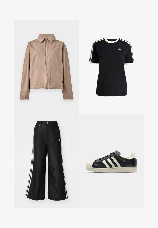 Beige Baumwolljacke mit Kragen, Frontreißverschluss und langen Ärmeln. Verfügt über einen strukturierten Stoff und ein kleines Logotag am Saum.; Schwarzes Baumwoll-T-Shirt mit weißen Akzenten am Kragen und an den Ärmeln, ausgestattet mit drei weißen Streifen auf jeder Schulter und einem kleinen Logo auf der Brust.; Schwarze, weit geschnittene Jeans mit drei weißen Streifen an jeder Seite und einem kleinen weißen Logo. Mit vorderen Taschen und einem Knopfverschluss.; Schwarze Ledersneaker mit weißen Streifen, Gummikappe, schwarzen Schnürsenkeln und einer cremefarbenen Sohle. Glatte Textur mit glänzender Oberfläche.