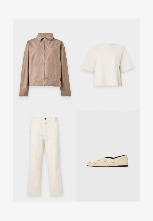 Tan cotton jacket with a collar, front zipper, and long sleeves. Features a textured fabric and a small logo tag at the hem.; Cream-colored cropped t-shirt made from ribbed fabric, featuring a round neckline and short sleeves with a relaxed fit.; Beige cotton trousers with a straight leg design, featuring a front button closure and a pocket with a circular button accent.; CLOSED Ballet pumps - ecru