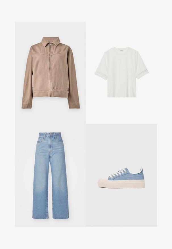 Beige Baumwolljacke mit Kragen, Frontreißverschluss und langen Ärmeln. Verfügt über einen strukturierten Stoff und ein kleines Logotag am Saum.; Weißes T-Shirt mit kurzen Ärmeln aus Baumwolle, mit dekorativem Spitzenbesatz entlang der Ärmel und einem runden Ausschnitt.; Hellblaue High-Waist-Weite-Leg-Jeans mit Knopf- und Reißverschluss vorne, Vorder- und Rückentaschen, auf weißem Hintergrund.; Helleblaue Leinensneaker mit einer cremefarbenen Gummikappe und Außensohle, ausgestattet mit weißen Schnürsenkeln und einer Zuglasche an der Ferse.