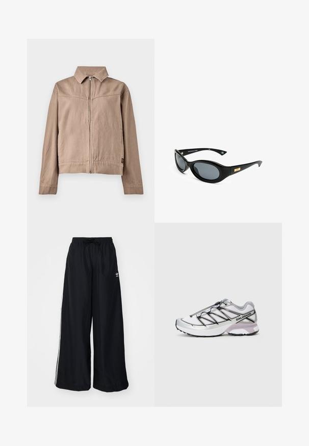 Tan cotton jacket with a collar, front zipper, and long sleeves. Features a textured fabric and a small logo tag at the hem.; White camisole with thin straps, V-neckline, soft texture, and straight hem, featuring minimalistic design and subtle stitching details.; Black wide-leg pants made from lightweight fabric. Features an elastic waistband with drawstring and white side stripes. Brand logo on hip.; Running shoe with a lightweight, white mesh upper, silver accents, and black lacing system; features a textured sole for traction.; Black sunglasses with oval lenses, matte frame, and a gold accent on the temples. Dark gray lenses provide UV protection.; Black leather crossbody bag with a zip closure, embossed logo on the front, and adjustable strap. Smooth texture with a rectangular shape.