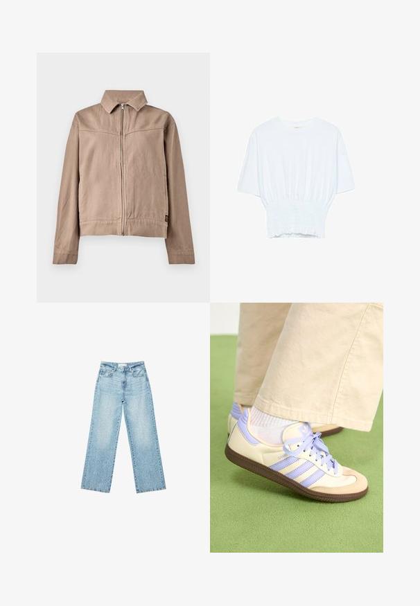Beige bomullskjacka med krage, dragkedja fram och långa ärmar. Har en strukturerad tygkvalitet och en liten logotagg vid nederkant.; Vit kortärmad t-shirt med avslappnad passform och smockad textur vid midjan. Tillverkad av mjukt, lätt material.; Ljusblå denim byxor med vida ben och hög midja, med en blekt tvätt och små, utspridda slitna detaljer genom hela plagget.; Krämfärgade och lavendelfärgade sneakers med tre ränder och en texturerad brun sula, med snören och en vadderad häl. Mjuk tygobero.