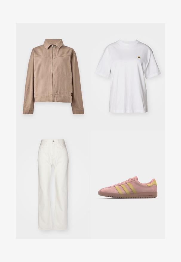 Beżowa bawełniana kurtka z kołnierzem, z zamkiem błyskawicznym z przodu i długimi rękawami. Posiada teksturowany materiał oraz małą metkę z logo na dole.; Biała bawełniana koszulka z luźnym krojem, krótkimi rękawami i małym haftowanym logo po lewej stronie klatki piersiowej.; Białe dżinsy o wysokim stanie i szerokich nogawkach. Posiadają zapięcie na guzik i zamek, szlufki na pasek oraz subtelne detale przeszycia.; Różowe zamszowe trampki z trzema żółtymi paskami, zaokrąglony czubek i teksturowana gumowa podeszwa. Niska konstrukcja z wyściełanym kołnierzem.