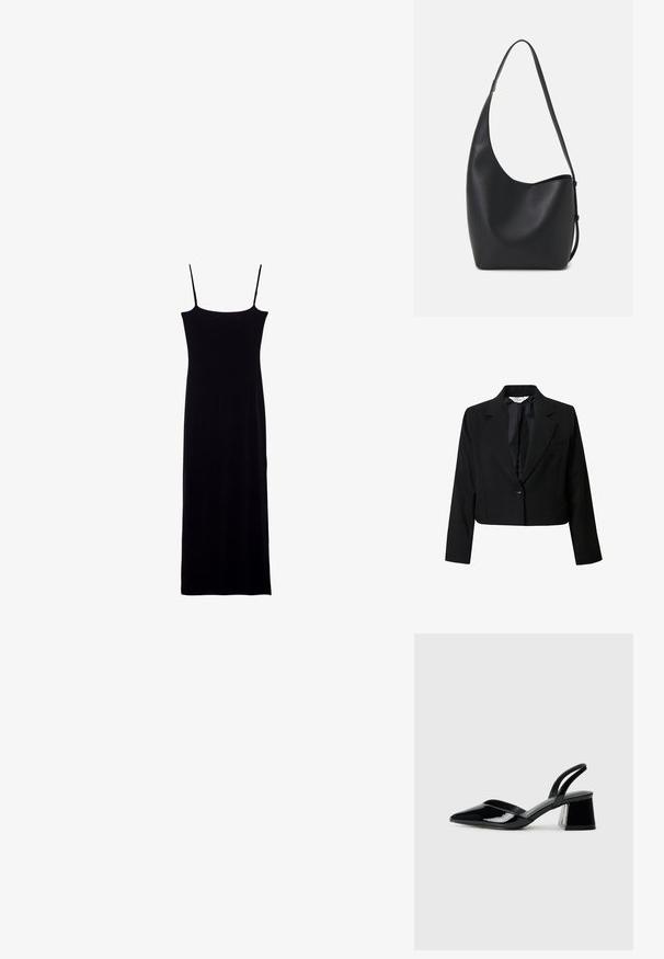 Zkrácený černý blazer z hladkého materiálu, s jednobuttonovým zapínáním, klopami a náprsní kapsou. Jednoduchý design, dlouhé rukávy.; Černé šaty bez rukávů s rovnou siluetou, vyrobené z měkké tkaniny. Mají štíhlé ramínka typu spaghetti a délku až na zem.; Černé lakované kožené lodičky na pásku s špičatou špičkou a geometrickým blokovým podpatkem. Vyznačují se elegantním, minimalistickým designem a hladkým povrchem.; Černá kožená hobo taška s hladkým povrchem, zakřiveným tvarem a jedním nastavitelným popruhem; má široké otevírání nahoře.