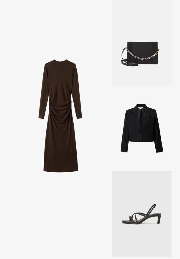 Lyhyt musta bleiseri, joka on valmistettu sileästä kankaasta. Siinä on yksi nappi, kauluskäänteet ja rintatasku. Yksinkertainen muotoilu, pitkät hihat.; Pitkähihainen ruskea mekko, joka on valmistettu pehmeästä kankaasta ja jossa on rypytetty sivusuunnitelma. Mekossa on korkea kaulus ja vartalonmyötäinen siluetti.; Mustat hihnalligat, joissa on neliön muotoinen kärki ja matala lohkokorko. Ominaisuuksiin kuuluu useita ohuita hihnoja ja säädettävä nilkkahihna. Valmistettu sileästä nahasta.; Musta nahkainen olkalaukku, jossa on sileä pinta, suorakulmainen muoto ja metalliketju yksityiskohtana edessä. Mukana säädettävä hihna.