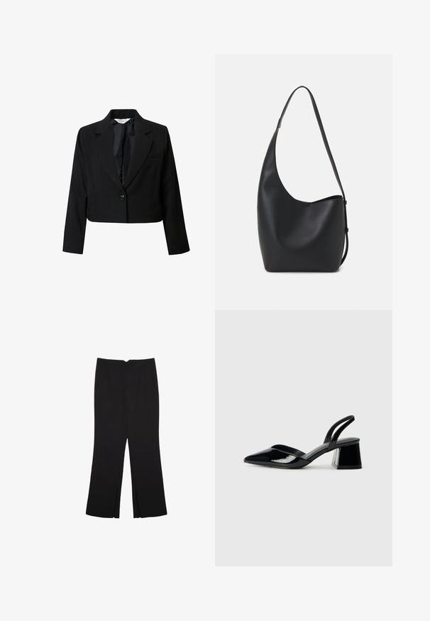Zkrácený černý blazer z hladkého materiálu, s jednobuttonovým zapínáním, klopami a náprsní kapsou. Jednoduchý design, dlouhé rukávy.; Jednoduché černé bavlněné tričko s krátkým rukávem a kulatým výstřihem, vystavené na bílém pozadí.; Černé kalhoty s rovným střihem, s předními kapsami a bočními rozparky na lemu. Vyrobené z jemné, hladké tkaniny. Vhodné na různé příležitosti.; Černé lakované kožené lodičky na pásku s špičatou špičkou a geometrickým blokovým podpatkem. Vyznačují se elegantním, minimalistickým designem a hladkým povrchem.; Černá kožená hobo taška s hladkým povrchem, zakřiveným tvarem a jedním nastavitelným popruhem; má široké otevírání nahoře.