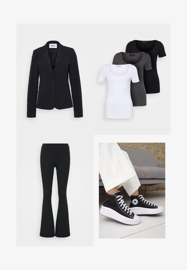 Black fitted blazer with long sleeves, single button closure, notch lapels, and two front pockets. Smooth fabric with a structured design.; Three fitted T-shirts in white, gray, and black. Each features a wide scoop neckline and short sleeves. Made from smooth, stretchy fabric.; Black flared pants made of stretchy fabric, featuring a high waistband and a smooth texture. The pants flare out from the knee.; Black canvas high-top sneakers with white rubber soles and laces. Features a circular logo on the side and contrasting white stitching.