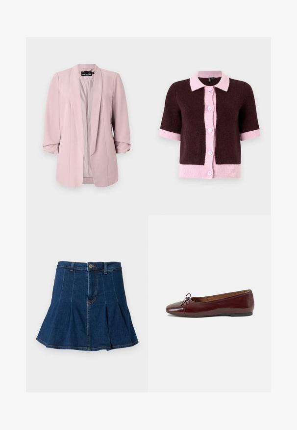 Világos rózsaszín blazer sima anyagból, sálgallérral, felgöngyölt ujjakkal és elülső darts-okkal. A belső rész illeszkedő színű béléssel van ellátva.; Rövidujjú kardigán sötétbarna kötött anyagból, világos rózsaszín gallérral és gombos pánttal, kontrasztos rózsaszín szegéllyel és mandzsettákkal.; Fekete, rövid ujjú felső kerek nyakkivágással, elöl kivágott rész és megkötős zárás jellemzi. Puha, könnyű anyagból készült.; Sötétkék farmer szoknya, redőzött kialakítással, öt zsebbel, elülső gombos záródással és kontrasztos varrási részletekkel.; Burgundi lakkbőr balettcipő kerek orral, elöl kis masni díszítéssel és alacsony, fekete gumi talppal. Simára csiszolt felület.