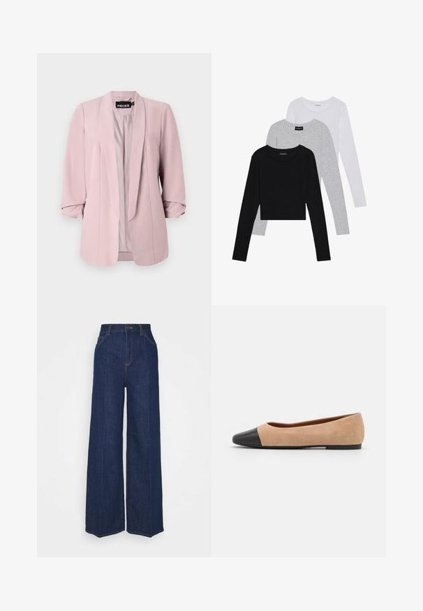 Hele roosa bleiser, mis on valmistatud siledast kangast, millel on šaalikaelus, keeratud varrukad ja ees olevad õmblused. Sees on vooder sobivas värvitoonis.; Kolm pikkade varrukatega toppi, mis on üksteise peale asetatud: must, hall ja valge. Igal ühel on ümar kaelus ja lühike disain, valmistatud siledast, kergekaalulisest kangast.; Kõrge vöökohaga laiad tumesinised teksapüksid, millel on ees- ja tagataskud, nööpide sulgemine ning nähtavad õmblusdetailid.; Beežist nubukist balletkingad musta nahast ümara ninaotsaga, madala kanna ja siledaga, millel on minimaalne õmblus ja lihtne disain.