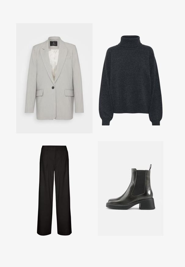 Světlý šedý blejzer vyrobený z hladké látky, s jedním černým knoflíkem, dvěma předními kapsami a klopovými límci. Podšité vnitřní strany.; Gestuz MANZI ROLLNECK - Svetr - deep graphite; Černé široké kalhoty s puky, vyrobené z lehkého materiálu. Mají hladký povrch a rovný střih od pasu až k manžetám.; Černé kožené kotníkové boty s hladkým povrchem, elastickými bočními panely a masivním podpatkem. Obsahují poutko pro snadnější nazouvání.