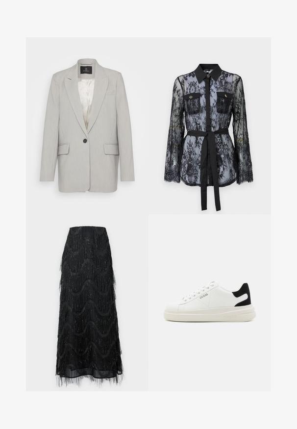 Lichtgrijze blazer van gladde stof, met een enkele zwarte knoopsluiting, twee voorzakken en notch revers. Voering aan de binnenkant.; Zwarte kanten blouse met lange mouwen, knoopzakken op de borst, een klassieke kraag en een stoffen riem die op de taille is gestrikt. Doorzichtige uitstraling.; Zwarte midi rok met gelaagde franjes en golvenpatronen. Gemaakt van doorschijnend materiaal met sprankelende accenten langs de randen.; Witte leren sneakers met een dikke witte zool, zwarte suède hielaccent en een geperst logo op de zijkant. Vetersluiting met zes oogjes.