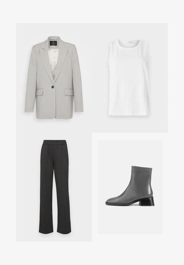 Sacou gri deschis realizat dintr-un material neted, având un închizător cu un singur buton negru, două buzunare frontale și rever cu tăietură. Interior căptușit.; Top alb fără mâneci, realizat din bumbac moale. Are un decolteu rotund și o tăietură dreaptă. Design simplu, fără modele sau accente vizibile.; Pantaloni negri cu croi drept, cu un tiv elastic, pliseuri frontale, material moale și fără modele sau detalii de metal vizibile.; Cizme ankle gri din piele cu vârful rotunjit și un toc scurt, stivulet de culoare neagră. Textură netedă cu detalii minime.