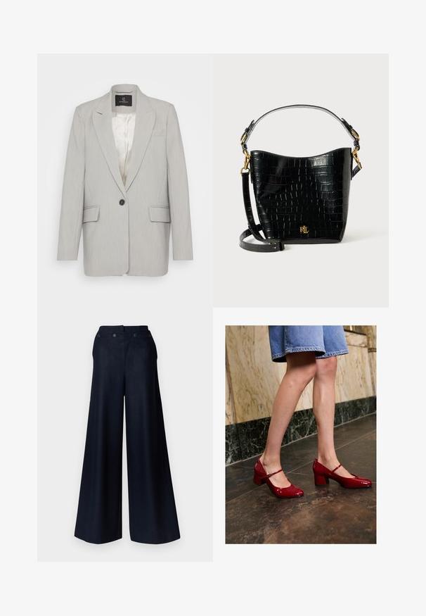 Gaiši pelēks bleizeris, izgatavots no gludas auduma, ar vienu melnu pogu, divām priekšējām kabatām un iegrieztiem uzrakstiem. Oderēts iekšpuses.; Melna bez piedurknēm kokvilnas džemperis ar apaļu kakla izgriezumu. Iezīmes neliels balts logo apakšējā kreisajā stūrī un ribota apdare.; Plati kāju bikses tumši jūras zilā audumā, ar augstu jostu, divām priekšējām kabatām un strukturētām pogām, kas nodrošina pielāgotu piegriezumu.; Persona, kas valkā spīdīgas sarkanas Mary Jane bloku papēžu kurpes un zilu džinsu svārku, stāv uz tumša flīžu grīdas netālu no marmora sienas.; Melnas krokodila raksts ādas soma ar izliekta formu, zelta aparatūru, regulējamu siksnu un logotipa detaļu priekšpusē.