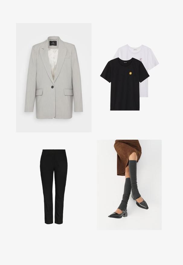 Blazer grigio chiaro realizzato in tessuto morbido, caratterizzato da una chiusura con un singolo bottone nero, due tasche frontali e rever a punta. Interno foderato.; T-shirt in bianco e nero, girocollo, maniche corte. La maglietta nera presenta un ricamo di sole giallo; quella bianca ha un accento di luna crescente viola.; Pantaloni neri slim-fit realizzati in un tessuto tessuto liscio. Presentano una vita standard e nessuna tasca visibile. Aspetto pulito e sartoriale.; Scarpe nere in pelle verniciata con punta affilata, tacco a blocco e cinturino alla caviglia, abbinate a scaldamuscoli grigi a coste e una gonna in suede marrone.