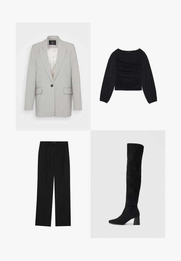 Blazer gris clair en tissu lisse, avec une fermeture à un seul bouton noir, deux poches avant et des revers crantés. Intérieur doublé.; Top noir à manches longues présentant un détail de tissu froncé à l'avant et aux poignets, fabriqué en matière douce et extensible avec un col bateau.; Pantalons noirs à coupe droite, dotés de deux poches avant et d'une taille. Fabriqués dans un tissu lisse et léger.; Botte noire en daim montée jusqu'au genou, avec un talon bloc, un bout pointu et un design lisse et sans couture sur un fond clair.