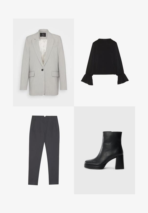 Lys grå blazer laget av glatt stoff, med en enkelt svart knappelukking, to frontlommer og notch-lapper. Fôret innside.; Svart langermet topp med utsvingte mansjetter, myk tekstur og avslappet passform, med enkel rund hals.; Mørk grå tapered bukser med sidelommer og frontplystringer, designet for en skreddersydd passform.; Sorte skinnankelsko med blokkhæl og plattformsåle, sett fra siden på en enkel hvit bakgrunn.