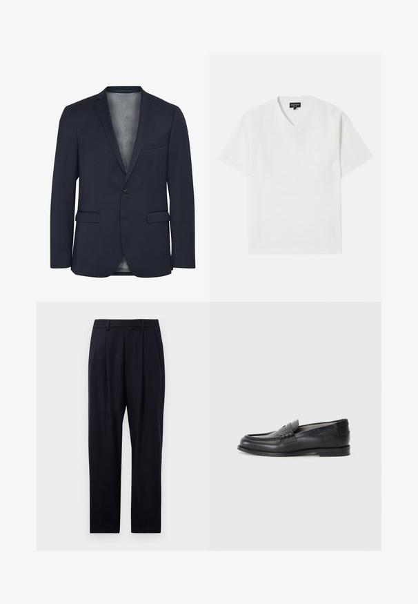 Tumesin sinine bleiser, mis on valmistatud struktureeritud kangast, ühes nupuga esitasku, kaks esistaskut ja sile hall vooder. Tuntud oma vormitud disaini poolest.; Valge lühikeste varrukatega V-kaelusega t-särk, mis on valmistatud tekstureeritud kangast kerge mustriga. Ees on väike logo.; Tumedat sinised sirged püksid, millel on tekstuuriga kangas, kaks eesmist voldikut, vöölukud ja lukuga eesmine sulgemine.; Mustad nahast loafid sileda viimistlusega, ümarate varvastega, dekoratiivse rihmaga ja minimalistliku disainiga. Omab madalat plokknõela.