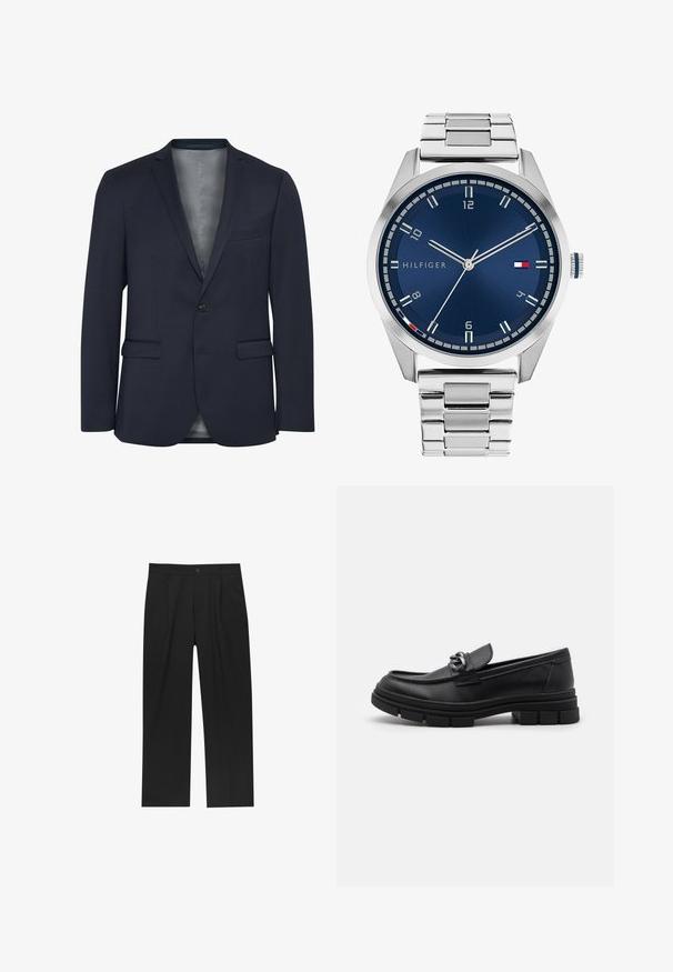 Mornarica od teksturiranog materijala, s jednim dugmetom sprijeda, dva prednja džepa i glatkom sivom podstavom. Ističe se svojim krojenim dizajnom.; Set od osam crnih pamučnih majica s kratkim rukavima i okruglim izrezom, s jednostavnim dizajnom i mekanom teksturom.; Crne hlače ravnog kroja, izrađene od glatkog materijala. Imaju prednje nabore i jedan dugme na struku.; Crne kožne mokasine s zaobljenim vrhom, dekorativnom trakom i hardverom, te masivnom teksturiranom potplatom. Glatka površina s suptilnim detaljima.; Srebrni metalni sat s četkanim plavim brojčanikom, bijelim oznakama sati i prikazom datuma. Ima povezan metalni remen i logo marke.