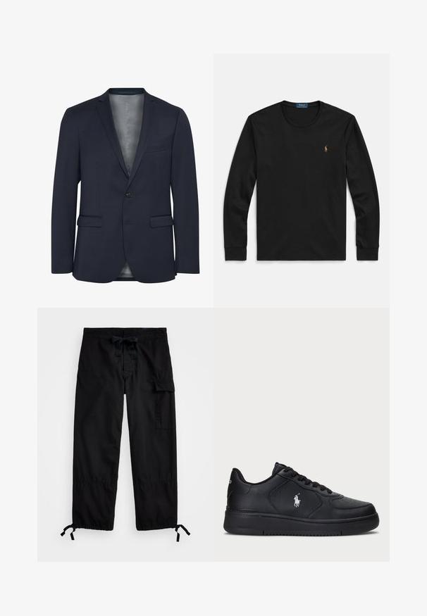 Granatowa marynarka z fakturowanej tkaniny, z pojedynczym guzikiem z przodu, dwoma przednimi kieszeniami oraz gładką szaro-skalną podszewką. Wyróżnia się dopasowanym krojem.; Czarny T-shirt z długim rękawem wykonany z miękkiej bawełny, z okrągłym dekoltem i małym haftowanym logo na piersi w kolorowych akcentach.; Czarne spodnie cargo z elastycznym paskiem w talii i sznurkiem do regulacji. Posiada boczne kieszenie oraz regulowane mankiety z togglami. Wykonane z lekkiego materiału.; Czarne skórzane sneakersy z perforowanym wzorem, płaskim zapięciem na sznurówki i białym haftowanym logo po boku. Gruba czarna gumowa podeszwa.