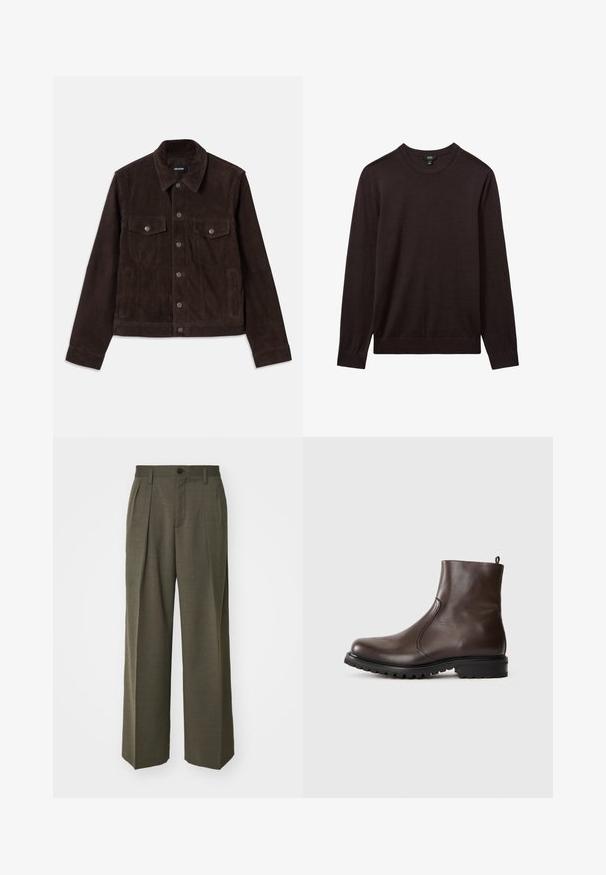 Bruine suède jas met een getailleerd ontwerp, knopen aan de voorkant, twee borstzakken en zijzakken, met een kraag en lange mouwen.; Reiss Trui - dark bordeaux; Filippa K WIDE TROUSERS - Broek - driftwood; Bruine leren enkelboot met een gladde textuur, elastische zijpanelen, een trekband aan de achterkant en een robuuste rubberen zool.