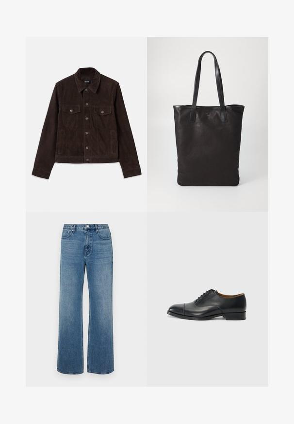 Brown suede jacket featuring a fitted design, button front, two chest pockets, and side pockets, with a collar and long sleeves.; White button-up shirt with a collar, featuring subtle vertical stripes, long sleeves, a chest pocket, and classic rounded hem.; Wide-leg blue jeans made of denim with a faded finish. Features five pockets, a front button closure, and a straight cut.; Black leather dress shoe with a smooth finish, rounded toe, five eyelets for laces, and low block heel. Minimalist design with subtle stitching.; Black canvas tote bag with black leather handles. Simple design, spacious body, and a smooth texture. No visible logos or patterns.