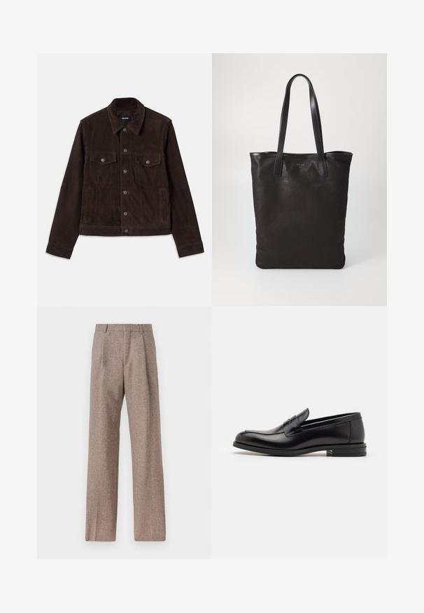 Giacca in suede marrone con un design aderente, chiusura con bottoni, due tasche sul petto e tasche laterali, colletto e maniche lunghe.; Camicia azzurro chiaro a maniche lunghe con colletto a punta, bottoni neri e un taglio unico nella parte anteriore per un design distintivo.; Pantaloni marroni a vita alta realizzati in tessuto testurizzato. Presentano gambe ampie e due pieghe frontali per struttura. Rifinitura curata senza hardware visibile.; Mocassini neri in pelle con una texture liscia, punta arrotondata e una striscia decorativa sulla tomaia. Tacco basso impilato, design minimalista.; Borsa tote in tela nera con manici in pelle nera. Design semplice, corpo spazioso e texture liscia. Nessun logo o motivo visibile.