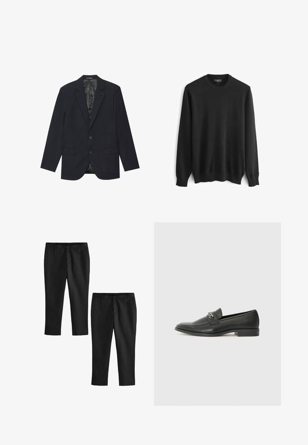 Musta bleiseri, joka on valmistettu tekstuuripinnasta, jossa on leikattu kaulus, kaksi etutaskua, kaksi nappia ja kuviollinen vuori.; Musta neulepaita pitkilla hihoilla, pyöreällä kaula-aukolla sekä resorikaitaleilla hihansuissa ja helmassa. Litteä pinta ilman näkyviä kuvioita tai yksityiskohtia.; Mustat räätälöidyt housut, joissa on sileä tekstuuri, suorajalkaiset mallit ja keskipitkä vyötärö. Näytetään kaksi paria, joista toinen on lyhennetty.; Musta nahkakengät, joissa on sileä pinta, koristeelliset ompeleet ja metalliketjun yksityiskohta kengän päällä. Littee korko.