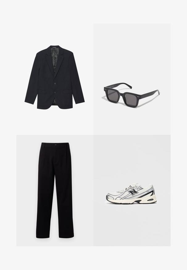 Čierny blejzer vyrobený z textúrovanej látky, s klopovým golierom, dvoma prednými vreckami, dvomi gombíkmi a vzorovanou podšívkou.; Béžový sveter vyrobený z mäkkej, textúrovanej pleteniny. Má okrúhly výstrih, rebrované manžety a skrátený lem s spustenými ramenami.; Čierno-biele tričká s kulatým výstrihom, krátkymi rukávmi, vyrobené z bavlnenej tkaniny, s hladkou textúrou, s logom na krku.; Čierne látkové nohavice so rovný strihom, prednými záhybmi a jedným gombíkom na zapínanie. Hladká textúra a bez viditeľných vzorov.; Biele a šedé atletické tenisky s čiernym logom "N", sieťovaným zvrškom, polstrovanou podrážkou a šnurovacím dizajnom, zobrazené na jednoduchom svetlo šedom pozadí.; Čierne obdĺžnikové slnečné okuliare s tmavými sklami, s hrubým rámom, jemnými akcentmi na stranách a bez viditeľných log, okrem názvu značky.; Krémová bavlnená taška s veľkým teal logom z zakrivených čiar. Taška má pevné textilné rukoväte na nosenie.