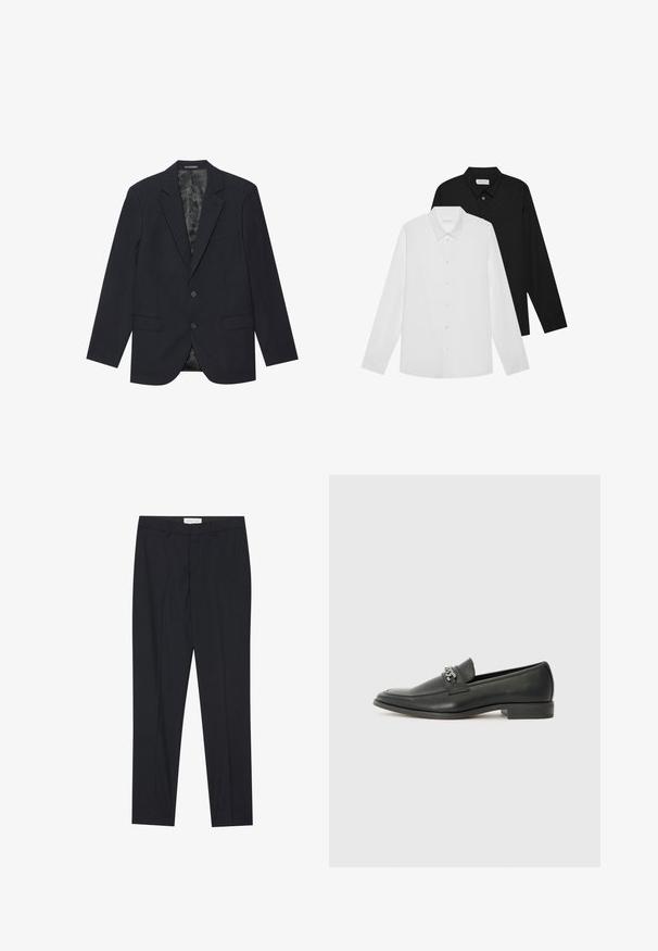 Blazer noir en tissu texturé, avec un col cranté, deux poches avant, deux boutons et une doublure intérieure à motifs.; Chemises à manches longues blanches et noires avec des cols pointus, des boutons à l'avant et une texture de tissu lisse. Étiquettes visibles à l'intérieur du col.; Pantalons noirs ajustés avec un devant plat, coupe régulière, en tissu lisse, avec des plis pressés et des poches latérales.; Mocassin en cuir noir avec une finition lisse, présentant un design cousu et une accent décoratif en chaîne métallique sur le rand. Talon plat.