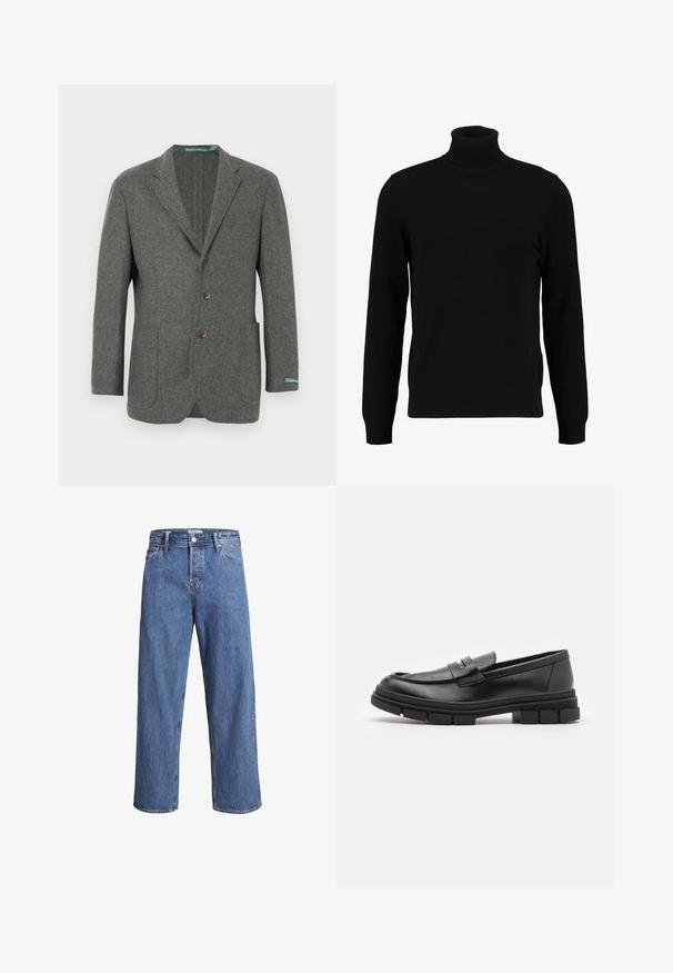 Pilko vilnos švarkas su pažymėtu atlapu, trimis mygtukais, dviem priekinėmis kišenėmis ir mėlynu prekės ženklo ženklu ant rankogalių. Faktūruota audinio apdaila.; Juodas megztinis su aukštu kaklu, pagamintas iš minkštos mezgimo medžiagos. Turi ilgomis rankovėmis, raukšlėtą apykaklę ir apatinę dalį. Paprastas, elegantiškas dizainas be raštų.; Šviesiai mėlynos džinsinės kelnės su tiesiu kirpimu, aukštu liemeniu ir minimaliais siuvimo detalėmis. Audinys yra minkštas, šiek tiek nublukęs.; Juodi odiniai loaferiai su lygia apdaila, turintys priekinį dirželio akcentą ir storą guminį padą su grioveliais.