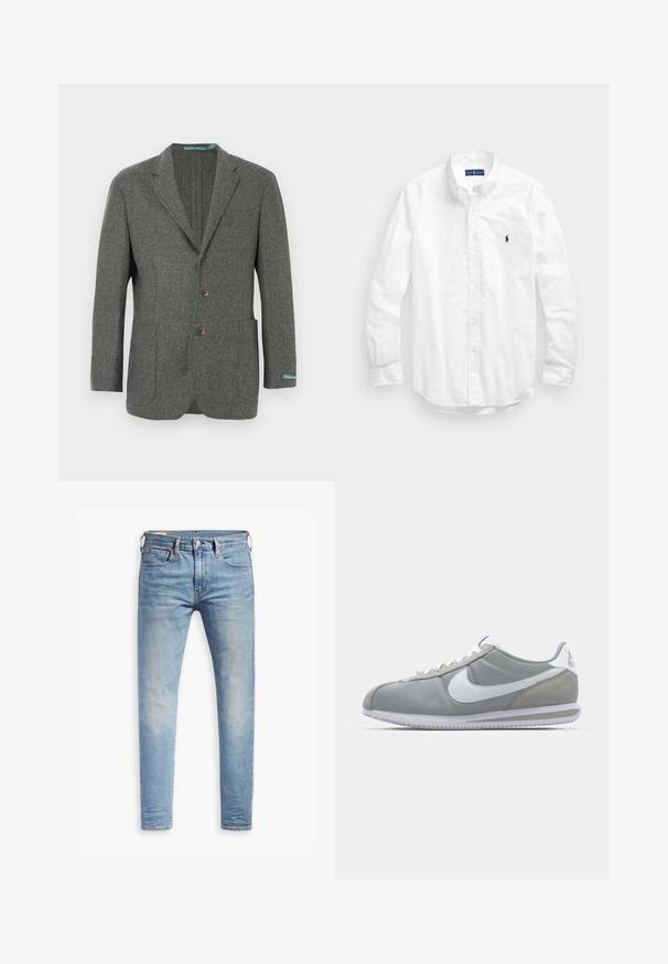 Sivi volneni blazer s kljukastim ovratnikom, tremi gumbi, dvema sprednjima žepoma in modro etiketo blagovne znamke na manšeti. Teksturirana tkanina.; Bela dolg rokav srajca s gumbi iz bombaža. Ima klasičen ovratnik, gumbnice na zapestjih in majhen temno moder vezen logotip na prsih.; Svetlo modri oprijeti džins s blagim bledenjem na stegnenicah, sprednji gumbasti zapenjač, zanke za pas in pet žepov na belem ozadju.; Sive tenisice za šport z zgornjim delom iz semiša in tekstila, belim Nike swooshom in belimi vezalkami. Imajo strukturirano gumijasto podplat in oblazinjen ovratnik.
