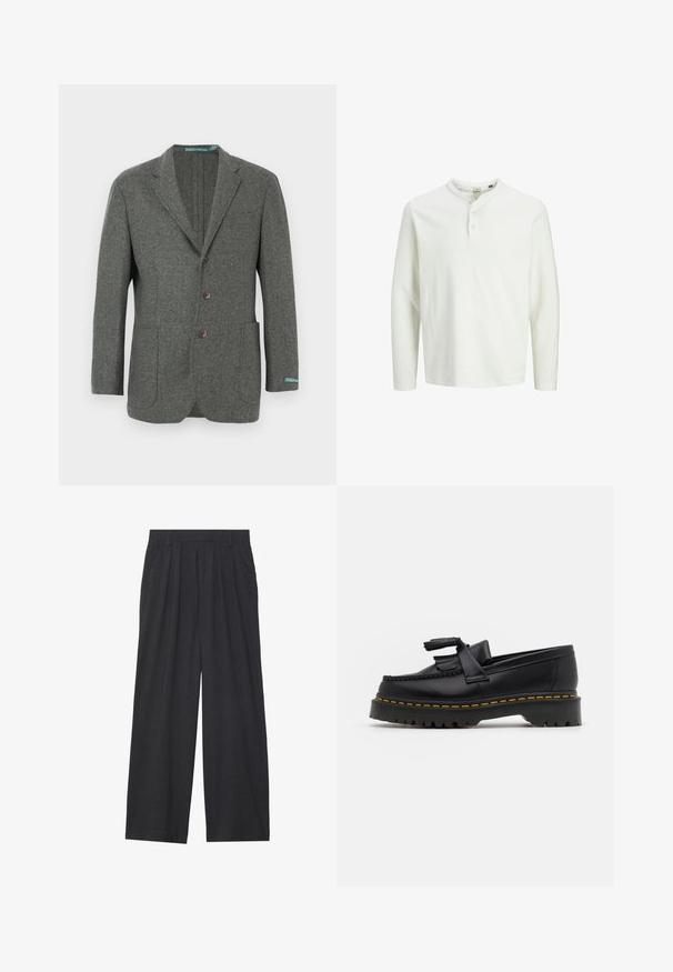 Szürke gyapjú blézer bevágott hajtókával, három gombbal, két első zsebbel és kék márkajelzéssel az ujjnál. Texturált szövetfelület.; Fehér, hosszú ujjú henley póló három gombbal és kerek nyakkal, egyszínű fehér háttéren bemutatva.; Sötétszürke anyagból készült, bő szárú nadrág. Ráncokkal a deréknál, elegáns fazonnal és egyenes sziluettel rendelkezik.; Fekete bőr mokaszin, rojtos díszítéssel, masszív fekete talppal és sárga varrással az élén. Texturált felület.