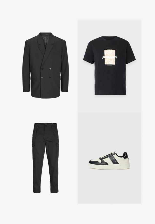Blazer nero doppiopetto con rever a punta, due tasche frontali e bottoni neri. Tessuto liscio con una vestibilità sartoriale.; Maglietta in cotone nera con collo tondo. Presenta una grafica rettangolare beige e il testo bianco, "JAWO," centrato sulla parte frontale. Maniche corte.; Pantaloni cargo neri realizzati in un tessuto resistente, dotati di molteplici tasche, chiusura con bottone e un design aderente con gambe affusolate.; Sneakers in pelle con una combinazione di colori nero e crema, dotati di dettagli perforati, collare imbottito e suola testurizzata.