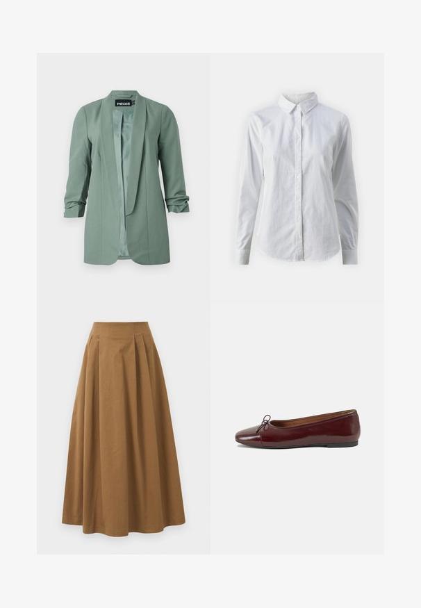Ženský blazer v šalviovej zelenej farbe s otvoreným predným dielom, tromi štvrtinovými rukávmi s riasením a hladkým saténovým podšívkov.; Biela košeľa s gombíkmi vyrobená z hladkej bavlny, s klasickým golierom, dlhými rukávmi a zakriveným lemom. Gombíky sú malé a biele.; Hnedá bavlnená sukňa A-línie s vysokým pásom, so skladmi vpredu a hladkou textúrou. Hranice sú čisté a jednoduché.; Burgundské lakované balerínky s okrúhlou špičkou, malou mašľou na prednej strane a nízkou čiernou gumovou podrážkou. Hladký povrch.