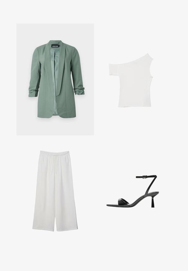 Dámský blazer v šalvějově zelené barvě s otevřeným předním dílem, tříčtvrtečními rukávy s nařasením a hladkým saténovým podšívkám.; Asymetrický bílý top vyrobený z hladké látky, s jedním krátkým rukávem a jedním bezramenním designem, s čistým, minimalistickým vzhledem.; Bílé kalhoty s širokými nohavicemi vyrobené z lehké tkaniny, s elastickým pasem a stahovací šňůrkou pro nastavitelnou velikost. Hladká textura.; Bershka Sandály na vysokém podpatku - black