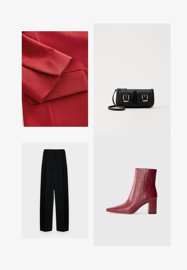 Red fabric featuring a textured surface with a folded sleeve and a small pocket detail. Clean lines and modern design elements are visible.; Black turtleneck sweater made of textured knit fabric. Features a high, ribbed collar and ribbed cuffs and hem for a snug fit.; Black wide-leg trousers with a high waist, featuring pleats and a smooth texture. The fabric appears lightweight and drapes elegantly.; Burgundy leather ankle boot with a pointed toe, block heel, and smooth texture, featuring a seamless design without visible hardware.; Black leather crossbody bag with two front pockets, gold buckles, zipper closure, and a slim strap. Textured surface and compact rectangular shape.