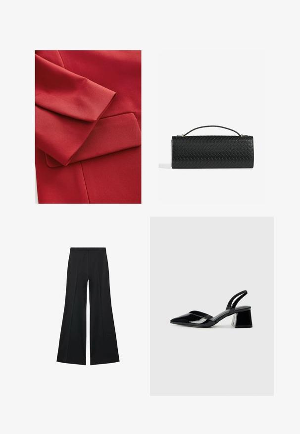 Red fabric featuring a textured surface with a folded sleeve and a small pocket detail. Clean lines and modern design elements are visible.; Black long-sleeve shirt in smooth fabric, featuring a classic collar, front button closure with gold-tone buttons, and wide cuffs.; Black wide-leg pants with a smooth texture, featuring front pleats and a tailored design. The fabric is lightweight and flowy.; Black patent leather slingback heels with a pointed toe and a geometric block heel. Features a sleek, minimal design and smooth texture.; Black woven leather clutch bag with a rectangular shape, featuring a thin handle and subtle gold hardware accents.
