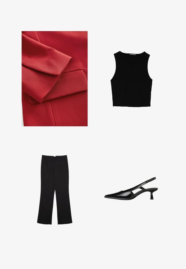 Roter Stoff mit einer strukturierten Oberfläche, einem gefalteten Ärmel und einem kleinen Taschendetail. Saubere Linien und moderne Designelemente sind sichtbar.; Schwarzes ärmelloses Crop-Top aus glattem Stoff, mit rundem Ausschnitt und einem klaren, schlichten Design ohne Muster oder Beschläge.; Schwarze Hose mit geradem Schnitt, ausgestattet mit Fronttaschen und Seitenschlitzen am Saum. Hergestellt aus weichem, glattem Stoff. Geeignet für verschiedene Anlässe.; Schwarze Lackleder-Slingback-High Heels mit spitzer Zehenform, ausgeschnittenem Seitendesign und kleinem Blockabsatz. Glatte Textur mit minimalen Akzenten.