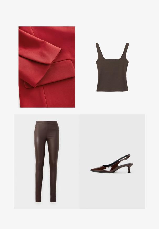 Rød stof med en tekstureret overflade, en foldet ærme og en lille lommedetalje. Rene linjer og moderne designelementer er synlige.; Brun ærmeløs top med firkantet udskæring, lavet af blød, strækbar stof. Har et tætsiddende design og flade sømme.; Brune faux læder leggings med en glat tekstur, tætsiddende pasform, høj talje og sømdetaljer, der er velegnede til afslappet eller semi-formelt tøj.; Brun patenteret læder slingback sko med spids tå og en moderat hæl. Har en spænde rem for en sikker pasform. Glat tekstur.