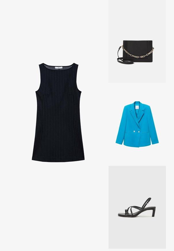 Tyrkysový blejzr s dvojřadým zapínáním, s klopami, dvěma předními kapsami a bílými knoflíky. Hladká textilie.; Námorně modré šaty bez rukávů s rovnými liniemi, obsahující boční kapsy a kulatý výstřih. Hladká textura látky.; Černé sandály na tenkém podpatku se čtveratou špičkou a nízkým blokovým podpatkem. Mají několik tenkých popruhů a nastavitelné zapínání okolo kotníku. Vyrobeny z hladké kůže.; Černá kožená crossbody taška s hladkým povrchem, obdélníkovým tvarem a kovovým řetízkem na přední straně. Součástí je nastavitelný popruh.