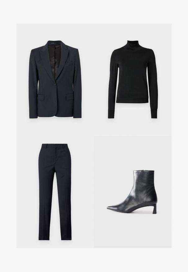 Dark navy blazer with a structured design, notched lapels, single button closure, and two front pockets. Smooth fabric with a subtle texture.; Black long-sleeve turtleneck sweater with ribbed cuffs and hem, displayed on a plain white background.; Navy tailored trousers with a straight cut, featuring a smooth texture, two front pockets, and a clean waistband.; Black leather ankle boot with a pointed toe and a sleek design. Features a low heel and a zipper closure at the back. Smooth texture.