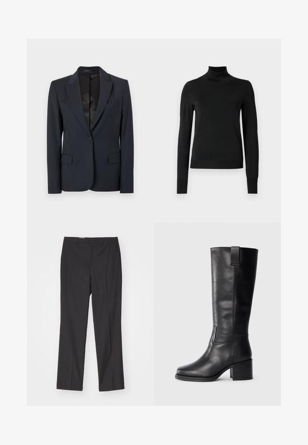 Sacou bleumarin închis cu un design structurat, cu rever tăiat, închidere cu un singur buton și două buzunare în față. Țesătură netedă cu o textură subtilă.; Pulover negru cu mânecă lungă și guler tip colier, cu manșete și tiv cu elastic, expus pe un fundal alb simplu.; Pantaloni negri, călcați, cu un design drept, dotati cu bucle pentru curea și o textură netedă, confecționați dintr-un material ușor.; Cizme negre din piele până la genunchi cu o textură netedă, vârf pătrat, toc bloc și tab pentru tragere pe lateral, având detalii de cusătură minime.