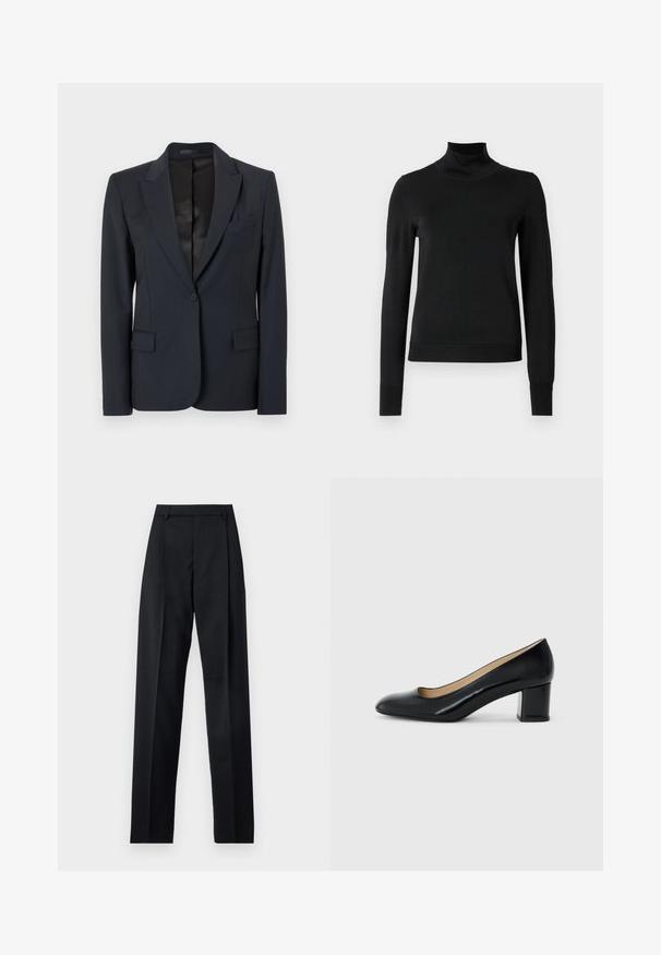 Mörk marinblå blazer med en strukturerad design, med snedställda slag, enkel knappstängning och två framfickor. Slät tyg med en subtil struktur.; Svart långärmad polotröja med ribbade muddar och nederkant, visad mot en enkel vit bakgrund.; Svarta byxor i mjukt tyg med hög midja, vida ben, framfickor och klassiska bältesöglor. Inga sidofickor synliga.; Svarta patenterade läderpumps med klack i blockformat, rund tå och en slät yta, som har en vadderad sula och en låg skärning vid vristen.
