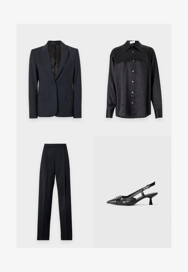Dark navy blazer with a structured design, notched lapels, single button closure, and two front pockets. Smooth fabric with a subtle texture.; Black long-sleeve shirt with a collared neckline, featuring a crinkled texture, full button front, and cuffs. Made from a smooth fabric.; Black trousers made from smooth fabric featuring a high waist, wide legs, front pleats, and classic belt loops. No side pockets visible.; Black leather slingback shoe with a pointed toe, decorative straps featuring metal eyelets, and a low block heel. Textured surface.