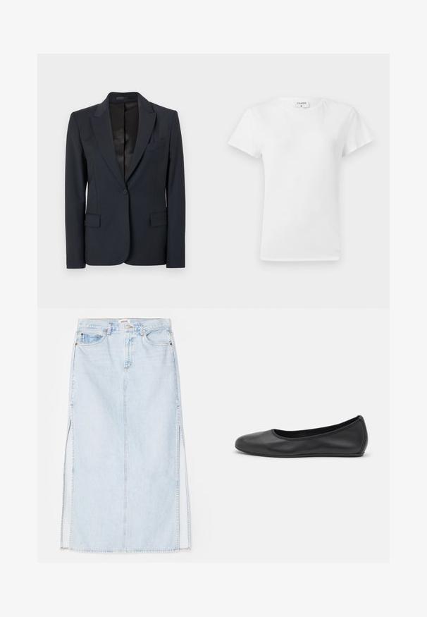 Tmavomodrá sako s pevnou konštrukciou, s klopovými goliermi, jedným gombíkovým zapínaním a dvoma prednými vreckami. Hladká tkanina s jemnou textúrou.; Biela bavlnená tričko s okrúhlym výstrihom a krátkymi rukávmi, s voľným strihom a minimalistickým dizajnom. Nálepka viditeľná na krku.; Svetlo modrá dlhá riflová sukňa so strihom na rovno, s bočnými rozparkami a dizajnom s piatimi vreckami. Výrazné prešívanie a kovový zips na zapínanie.; Čierne kožené baleríny s okrúhlou špičkou, hladkým povrchom, minimálnym prešívaním a flexibilným dizajnom podrážky.