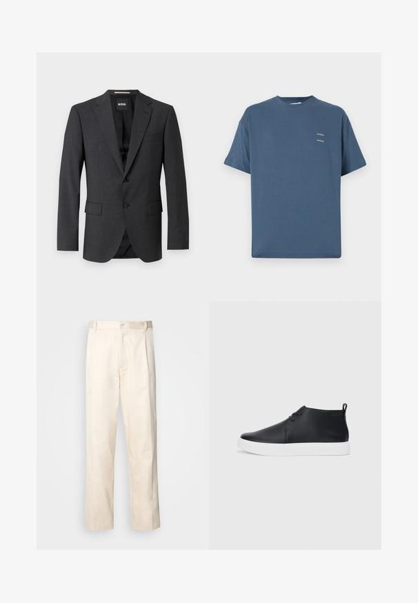 Dark grey blazer with a classic notch lapel, two front pockets, single button closure, and subtle textured fabric. Interior is black.; Blue cotton t-shirt with a classic crew neck, short sleeves, relaxed fit, and two small printed logos on the chest. Smooth texture.; Beige cotton trousers with a straight-leg cut, featuring a button closure and pleats at the front for added detail.; Black leather high-top sneakers with a smooth finish, white rubber sole, and simple lace-up design. Features a pull tab at the back.