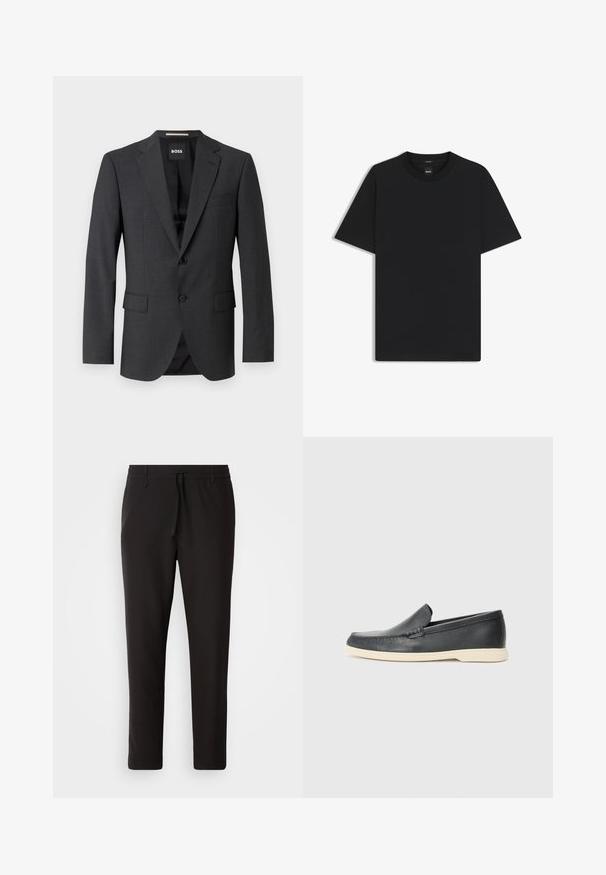 Dark grey blazer with a classic notch lapel, two front pockets, single button closure, and subtle textured fabric. Interior is black.; Black short-sleeve T-shirt made from a smooth cotton blend, featuring a crew neckline and a minimalistic design with no patterns or accents.; Black jogger pants made of smooth fabric. Feature an elastic waistband with a drawstring, tapered legs, and no visible pockets. Simple design.; Black leather slip-on loafers with a textured finish and a contrasting beige rubber sole. Features a subtle accent along the front.