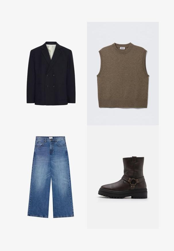 Kaksirivinen musta bleiseri, jossa on neljä nappia, viistot läpät, kaksi etutaskua ja valkoruudullinen vuori.; Ruskea hihaton neulepaita pyöreällä pääntiellä, resorit reunoissa ja pehmeä pinta; merkinnässä lukee "WEEKDAY."; Kapelevat farkut vaaleansinisestä denimiä, joissa on nappikiinnitys, neljä taskua ja hieman haalistunut pinta kankaan yli.; Ruske nahke čevlje do gležnjev s kvadratnim nosom, zaponkami in debelim črnim podplatom. Imajo stransko zadrgo in teksturirano površino.