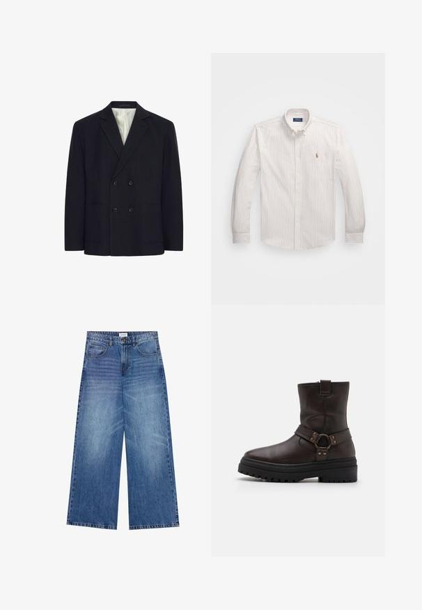 Double-breasted black blazer with four buttons, notched lapels, two front pockets, and white striped inner lining.; White button-up shirt with thin vertical stripes in light beige. Features a classic collar, long sleeves, and small embroidered logo on the chest.; Wide-leg jeans in light blue denim, featuring a button closure, four pockets, and a slightly faded texture across the fabric.; Brown leather ankle boot with a square toe, buckle accents, and a thick black sole. Features a side zipper and textured surface.