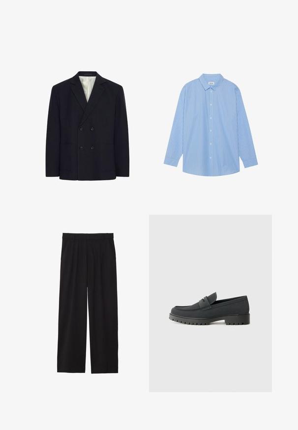Kaksirivinen musta bleiseri, jossa on neljä nappia, viistot läpät, kaksi etutaskua ja valkoruudullinen vuori.; Siniset ja valkoiset raidalliset pitkähihaiset paidat, joissa on klassinen kaulus, nappikirjaus edessä ja pyöristetty helma. Valmistettu kevyestä kankaasta.; Mustat väljät housut, joissa on laskostettu etuosa, sivutaskut ja sileä kankaan rakenne. Suunniteltu rentoa istuvuutta varten.; Musta loafer-kengät, joissa on sileä, matta pinta, pyöreä kärki ja paksu, teksturoitu pohja. Korostettu etustrapilla.